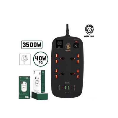 مقبس طاقة ذكي متعدد المنافذ من Green Lion، 4 منافذ تيار مستمر، 2 منفذ USB، و2 منفذ USB-C، وPD، 40 وات، 3500 وات، 3 متر - أسود